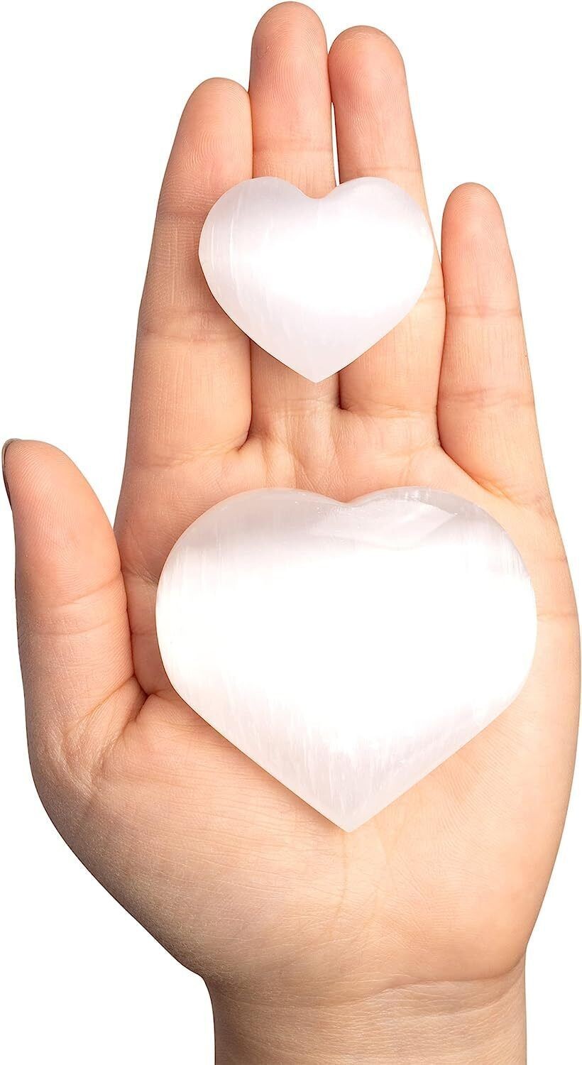 Selenite Crystal Heart Palm Stone, Polished Worry Stones, Fidget Stone, 2 pc Set