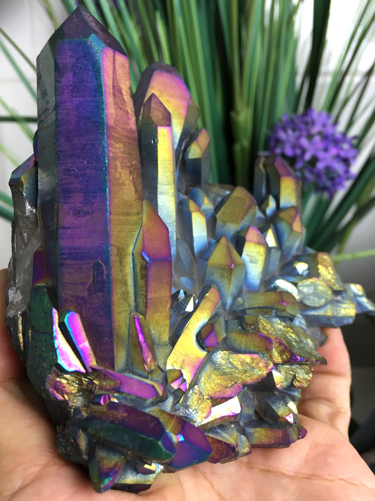 579g Rainbow Titanium plated Crystal Cluster, color-changing crystal