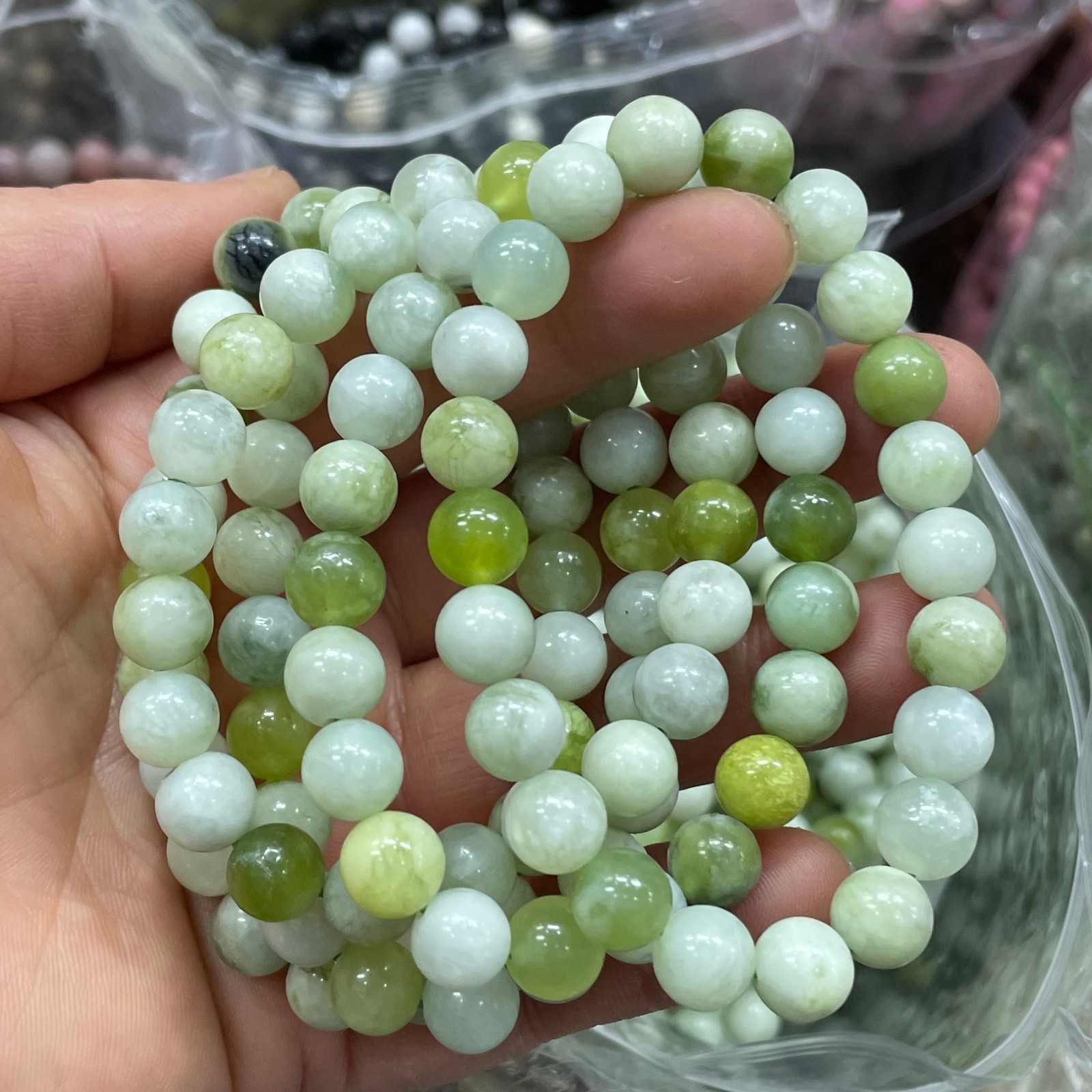 10pcs 8mm Natural Xiu jade Green Grape Color with White Round bead bracelet