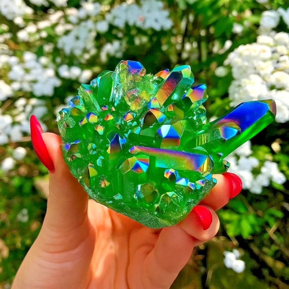 80-120g Green Angel Aura Quartz Crystal Cluster Titanium Crystal Geode Chunk