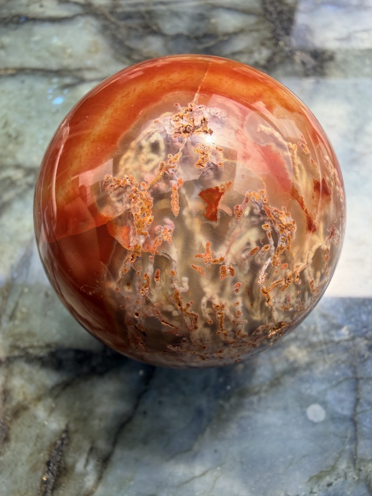 Beautiful Carnelian Moss Agate Sphere | Collector’s Piece | 2.68″