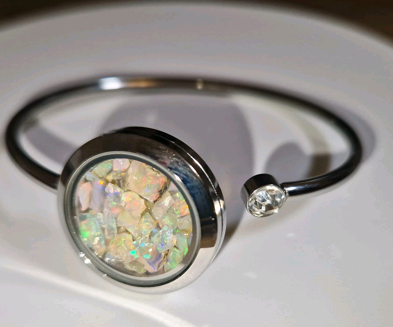 Natural Rough Ethiopian Opal Stainless Steel Bangle Great Colour Play