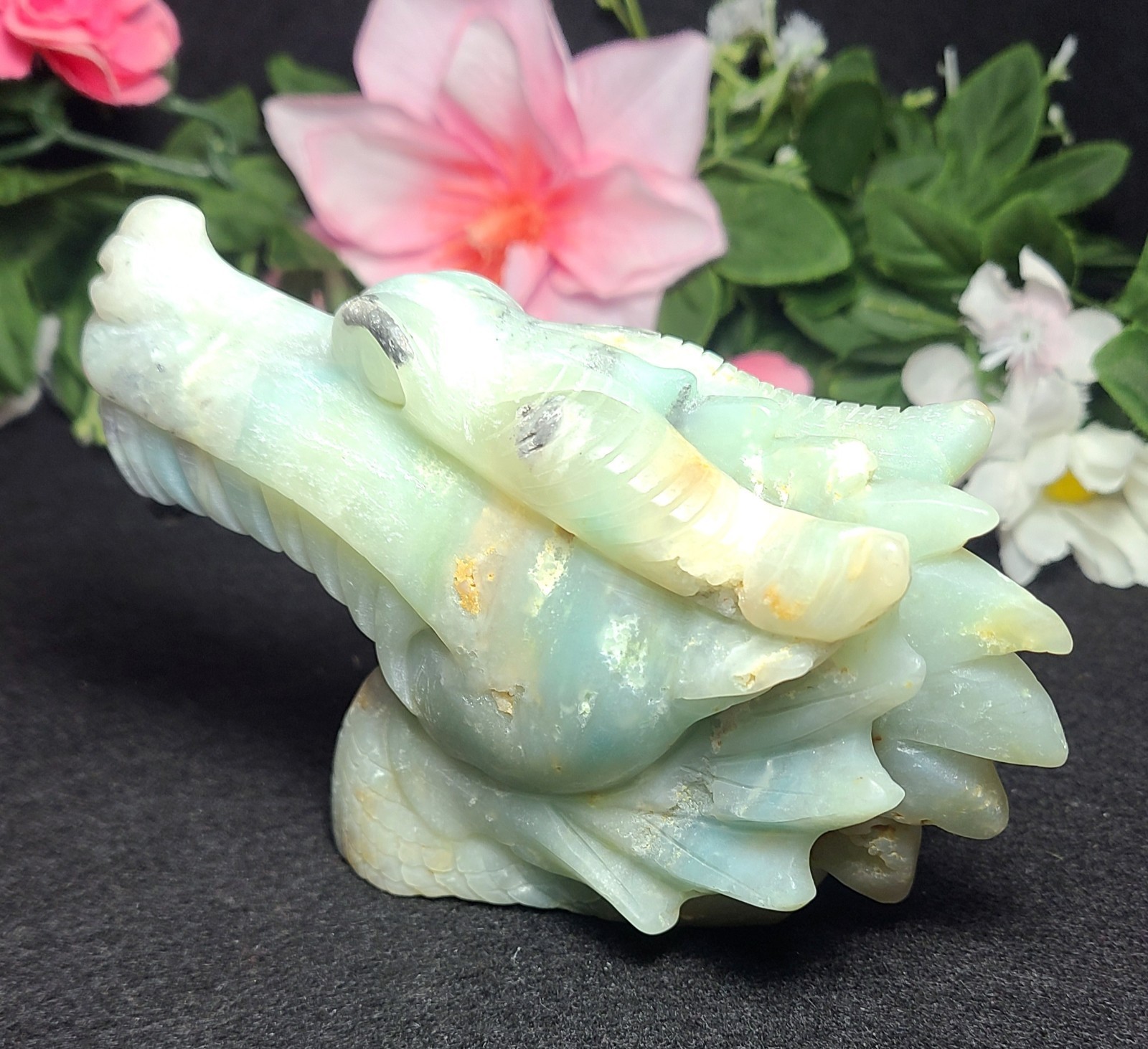 5.2″ 422g Blue Caribbean Calcite Dragon Head Crystal Skull Stone Carving Statue