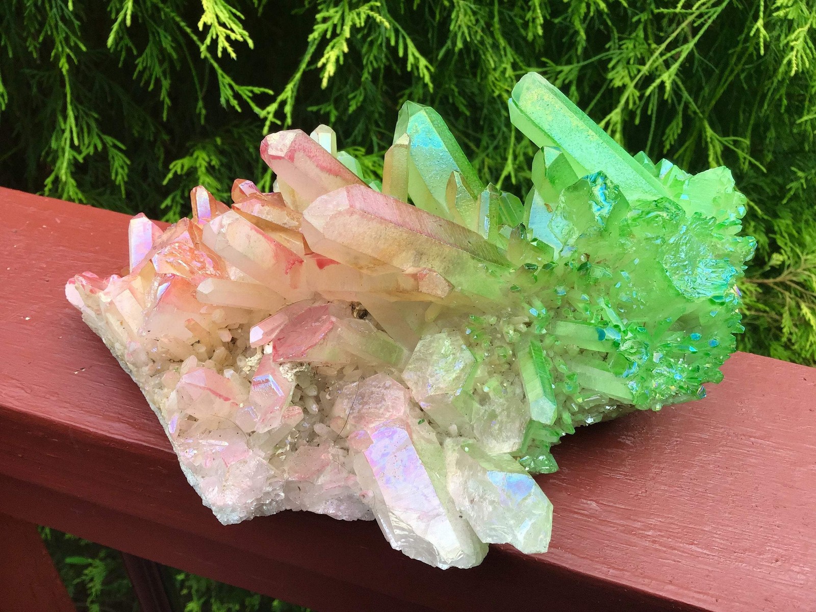 Pink & Green Aura Quartz Crystal Cluster ~ Large 2 Lb. 8 oz. ~ 8″ Long ~ Electr