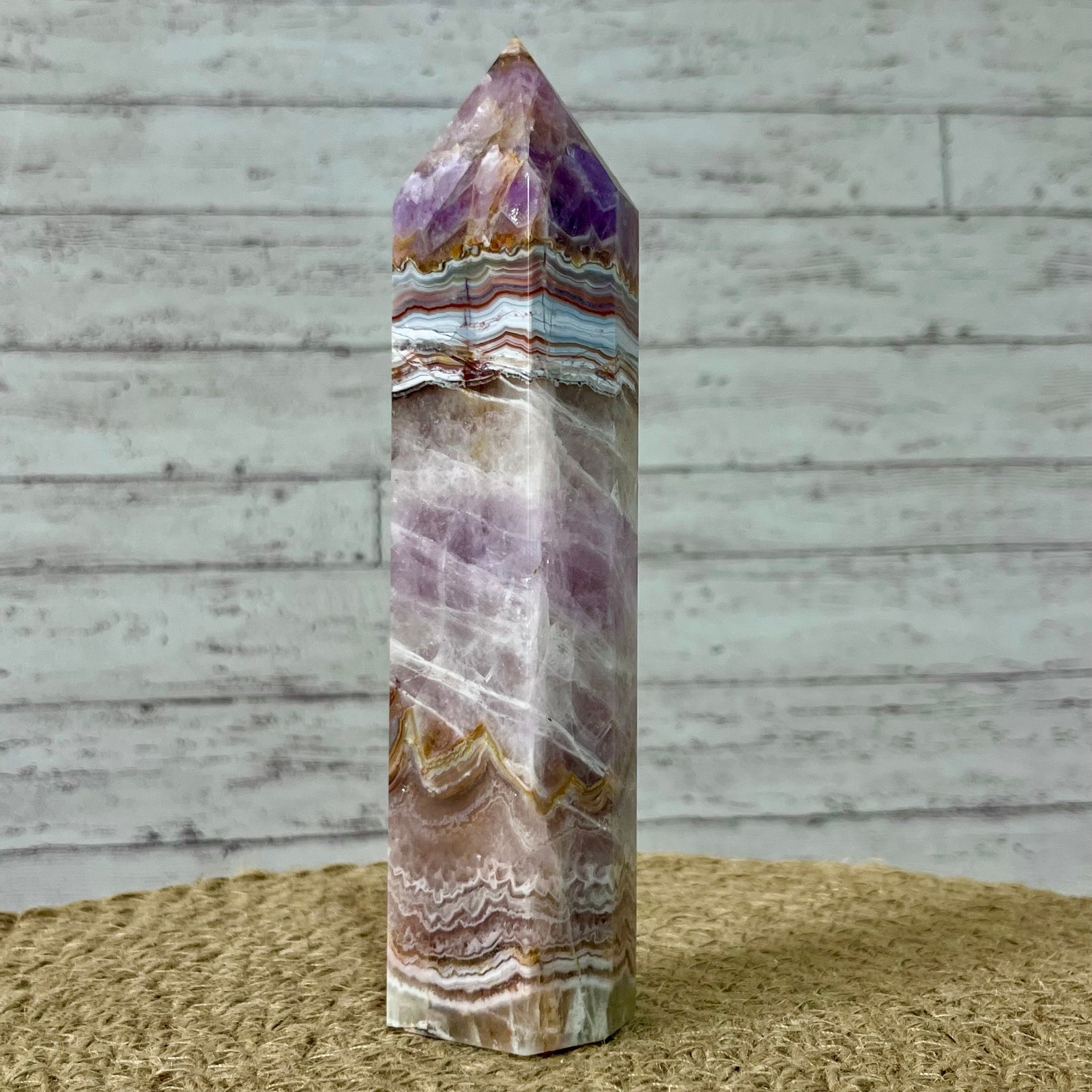 381 g Natural Amethyst Agate Tower Striped Pattern Crystal Obelisk