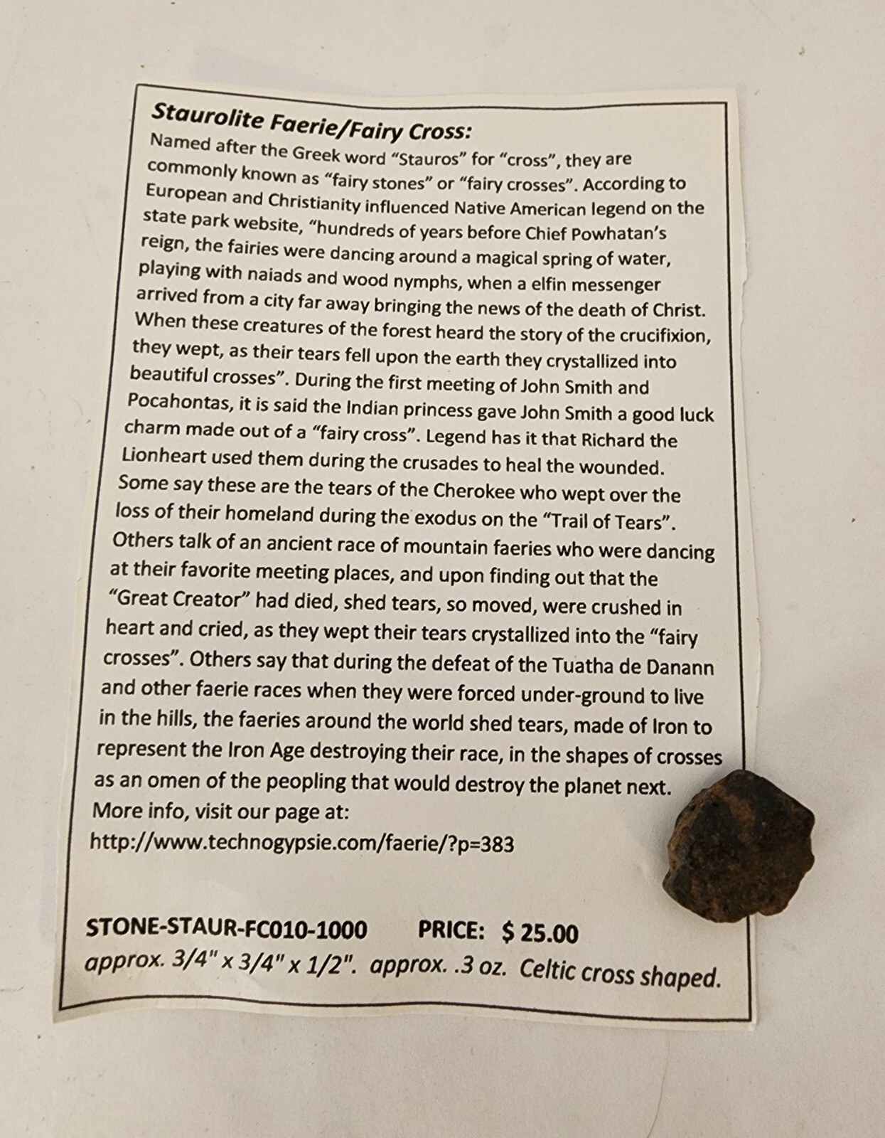 Staurolite Celtic cross – small approximately .75x.75x.5 FC010