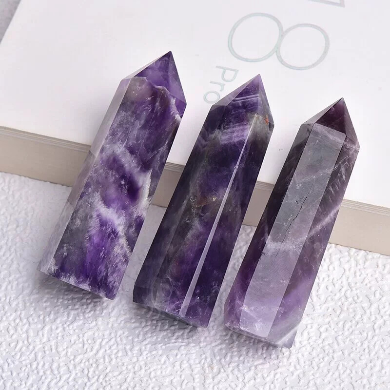 Natural Chevron Amethyst Tower Point Healing Crystal Wands Obelisk Home Decor