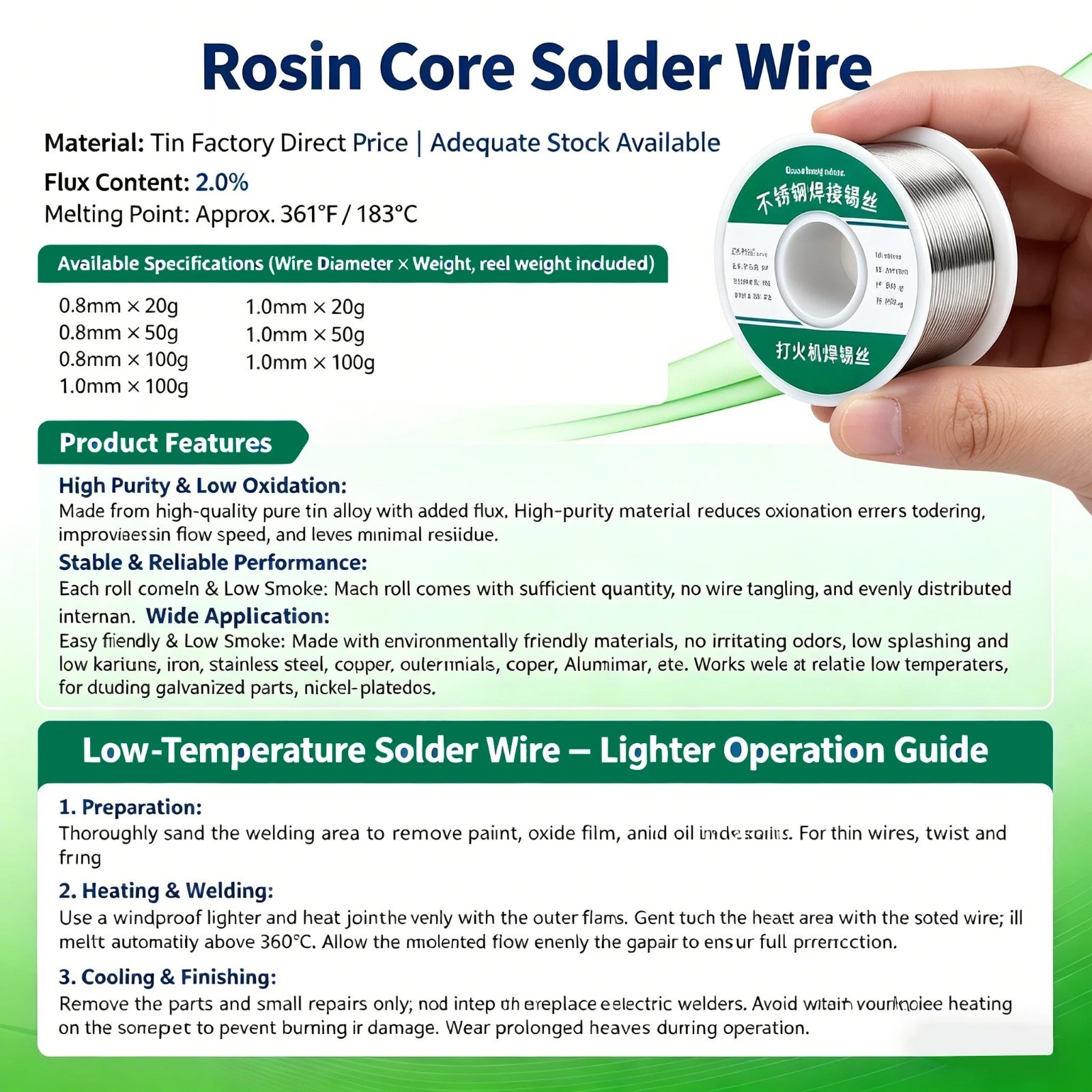 0.8mm 1.0mm Rosin Core Solder Wire 20g 50g 100g No Clean Flux 2.0%