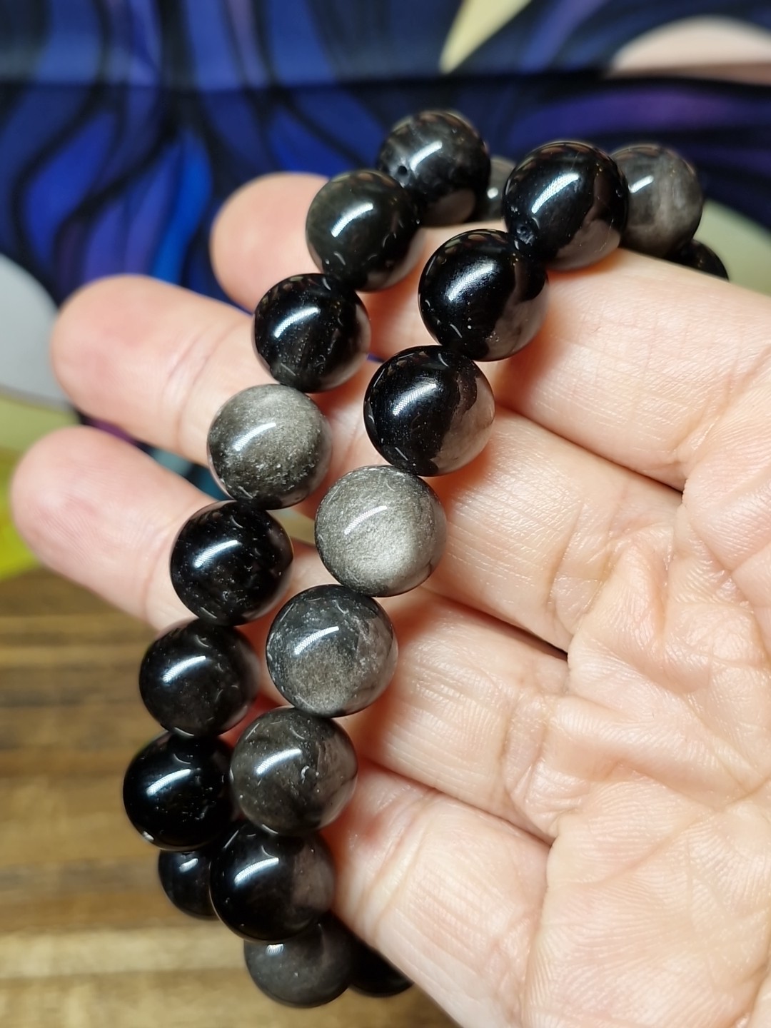 Silver Sheen Obsidian Crystal 12mm Bead Stretch Bracelet 20.4cm Or 19.2cm