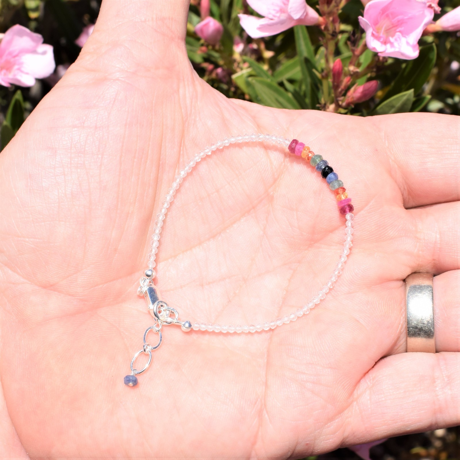 925 Sterling Natural White Topaz Rainbow Sapphires & Rubies Bracelet + Charger