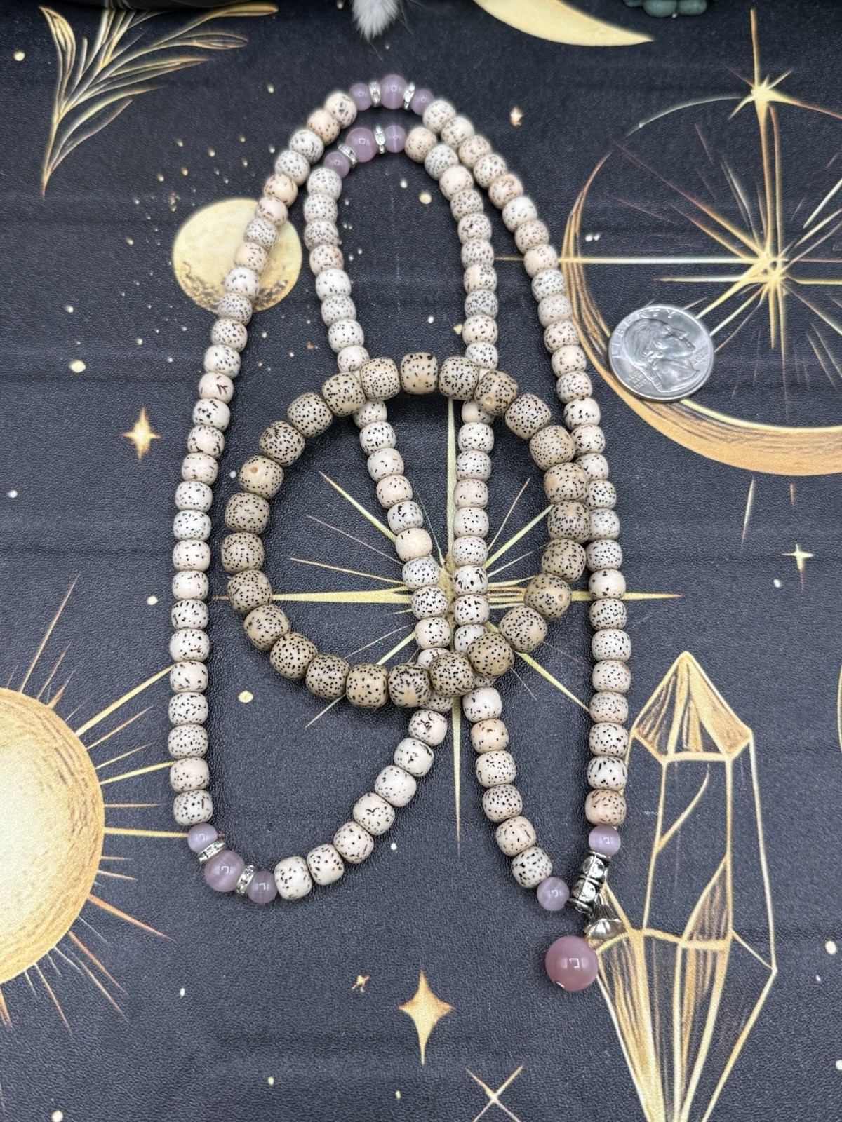 Natural Tibetan Lotus Seed Mala & Bracelet Set pink Cat eye & silver Free ship