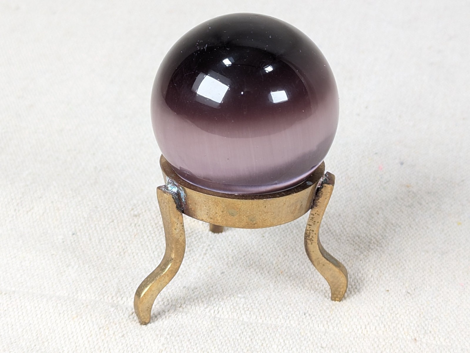 Vintage Purple Obsidian Glass Sphere on Three-Legged Brass Tripod Stand Decor