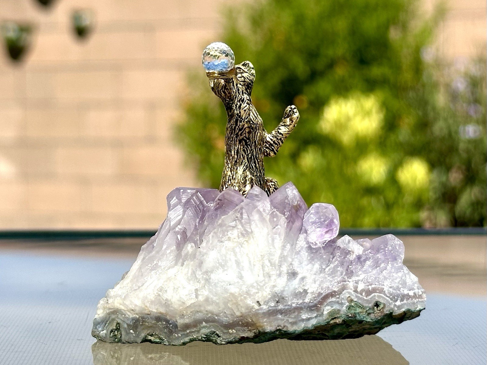 Amethyst Crystal Cluster Geode Slice w/ Brass Metal Cat Figurines Natural Quartz