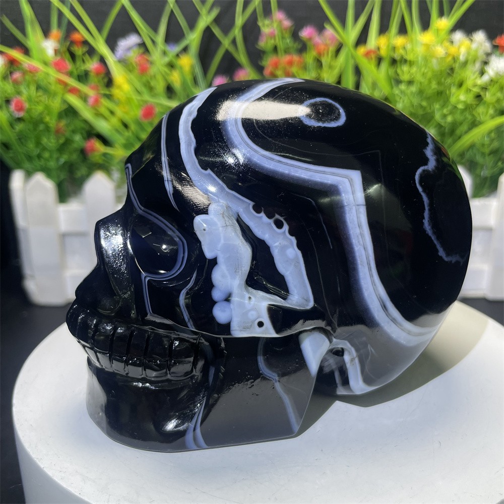 2.3LB 4.5″ Natural A++ Black Sardonyx Agate Skull Crystal Quartz Decor Gift