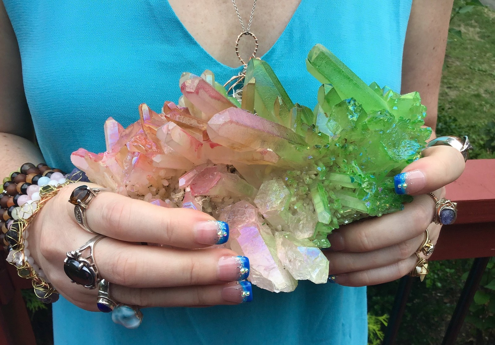 Pink & Green Aura Quartz Crystal Cluster ~ Large 2 Lb. 8 oz. ~ 8″ Long ~ Electr