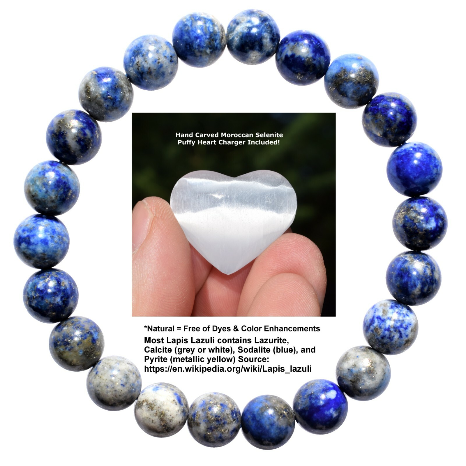 Premium CHARGED Natural Lapis Lazuli Crystal 8mm Bead Stretchy Bracelet + Heart
