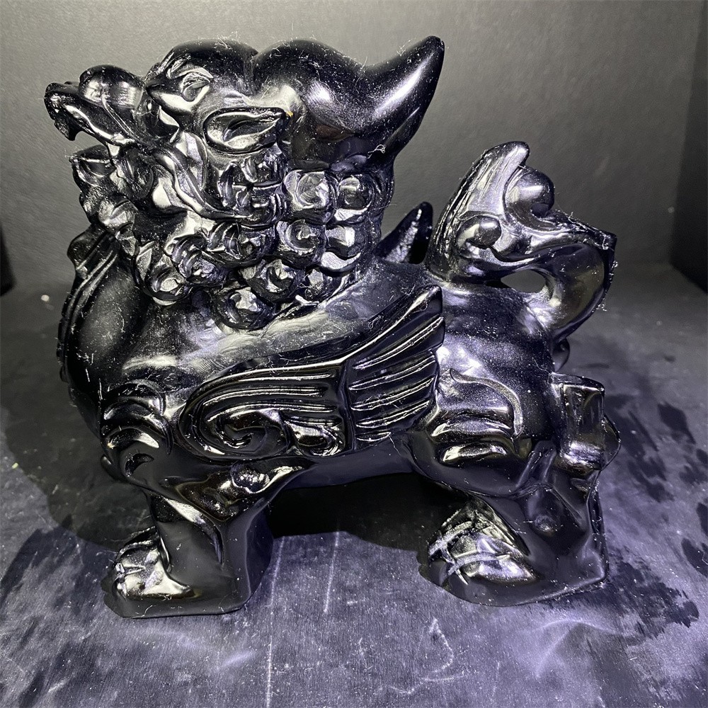 3.9LB 5.5″Natural A+Black Obsidian Kylin Statue Crystal Reiki Carving Decor