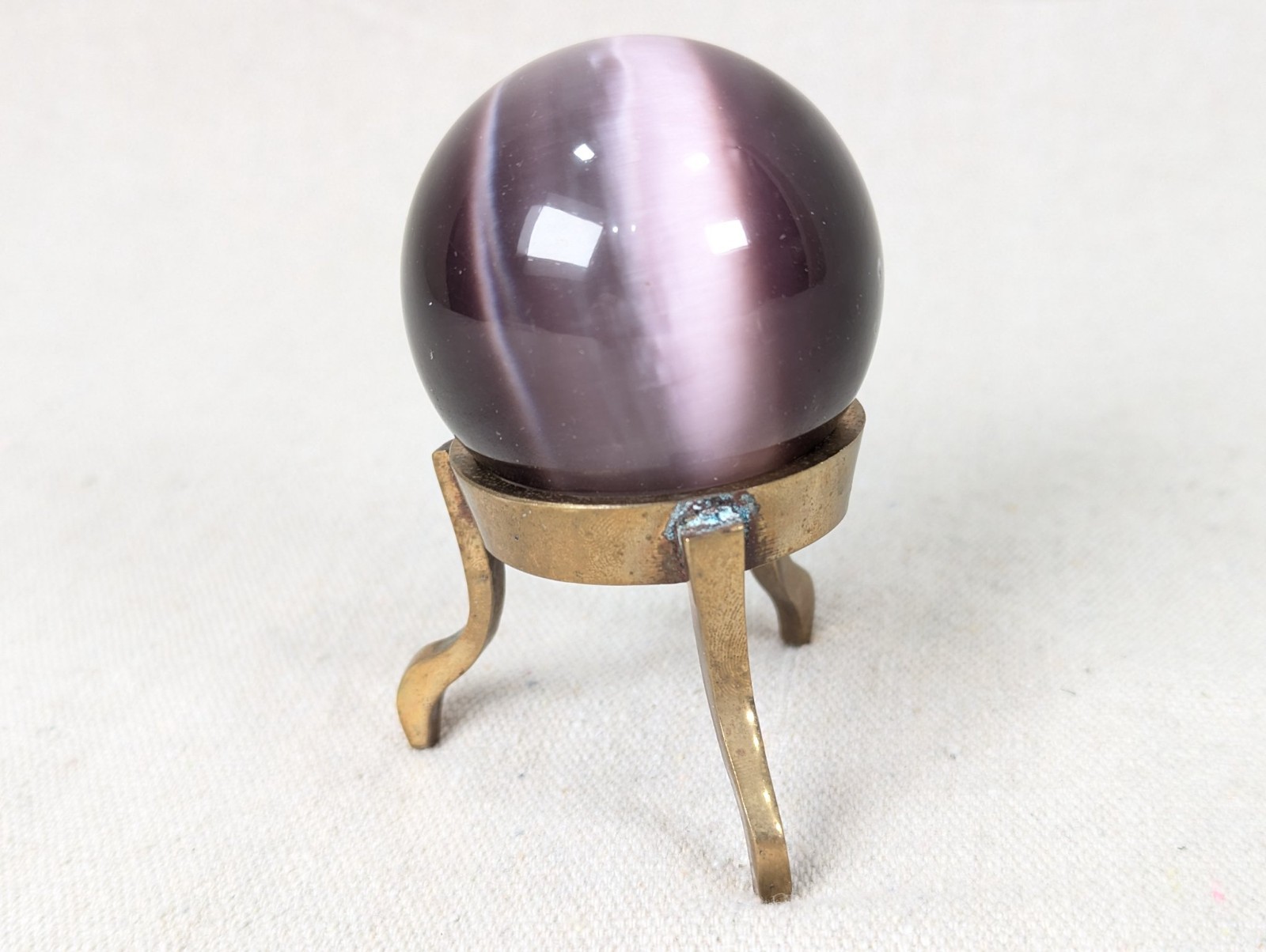 Vintage Purple Obsidian Glass Sphere on Three-Legged Brass Tripod Stand Decor