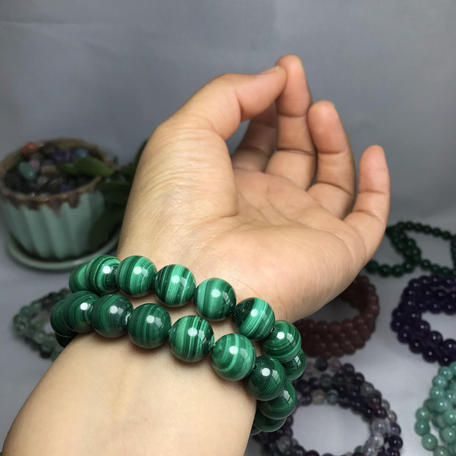 12mm Natural malachite gemstone Crystal chain beads bracelet 62-33g A5261
