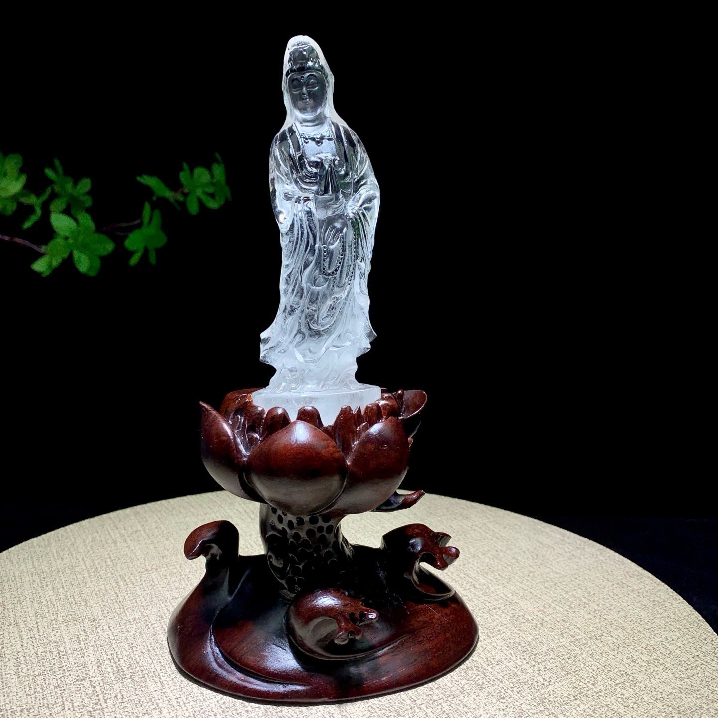 Top Natural Clear Quartz Healing Crystal hand Carved Guanyin Reiki Decor+stand