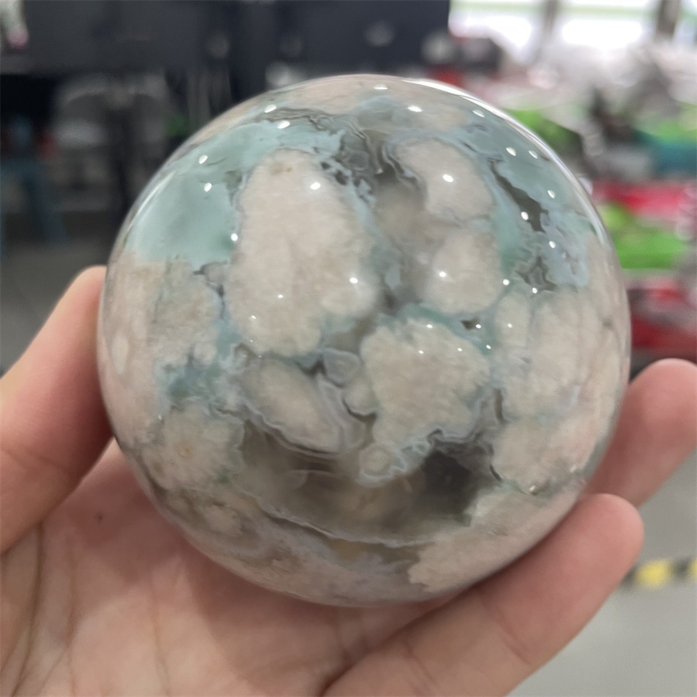 0.8LB 2.3″Hot Sale A+Natural Green Flower Agate Sphere Crystal Reiki Ball Decor