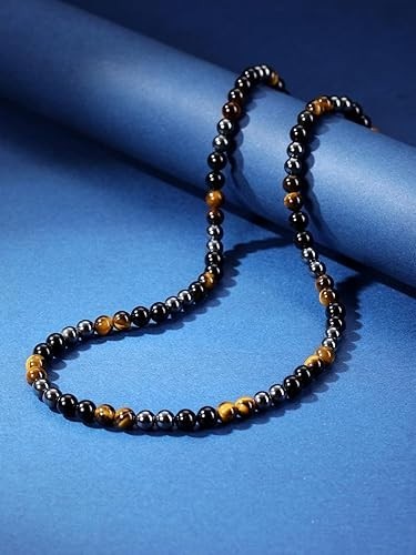 Mens Healing Crystal Black Obsidian Tigers Eye Hematite Beaded Necklace Natural