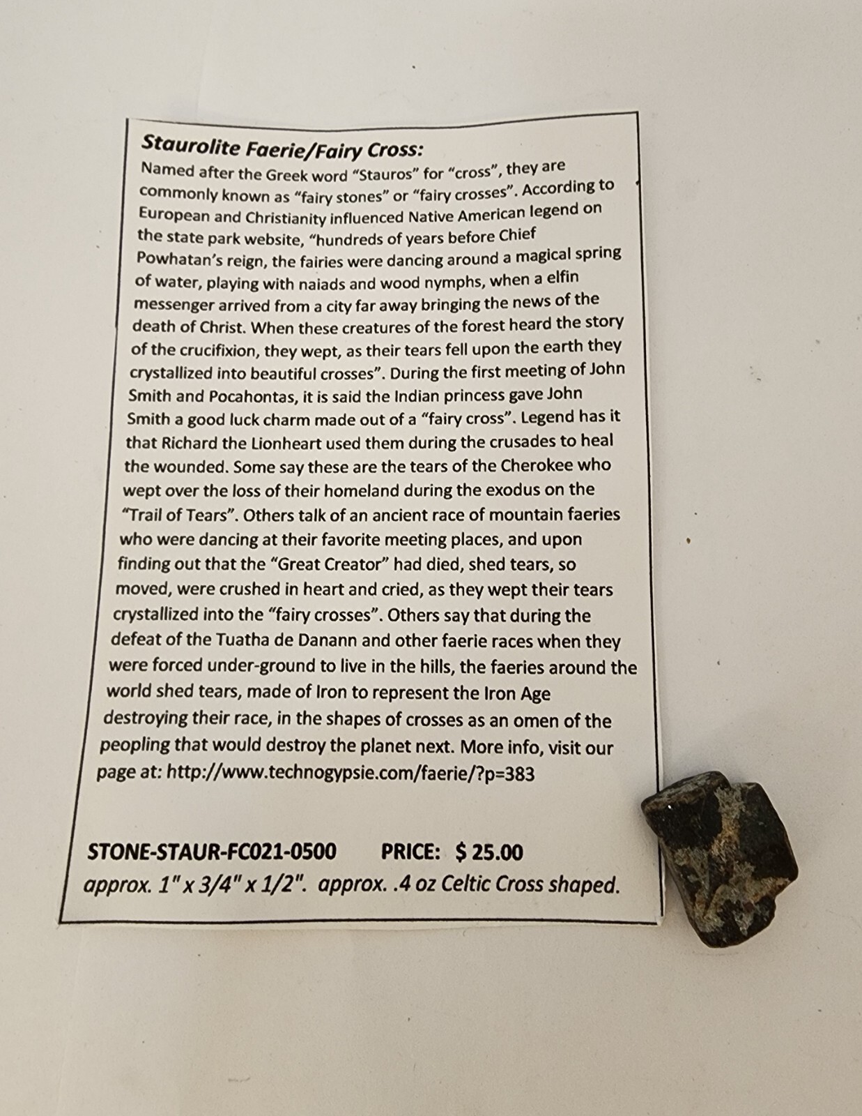 Staurolite Celtic cross – medium approximately 1x.75x.5 inches FC021