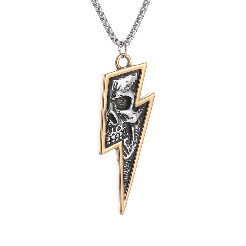 Men’s Fashion Jewelry Silver & Gold Skull Lightning Bolt Pendant Necklace