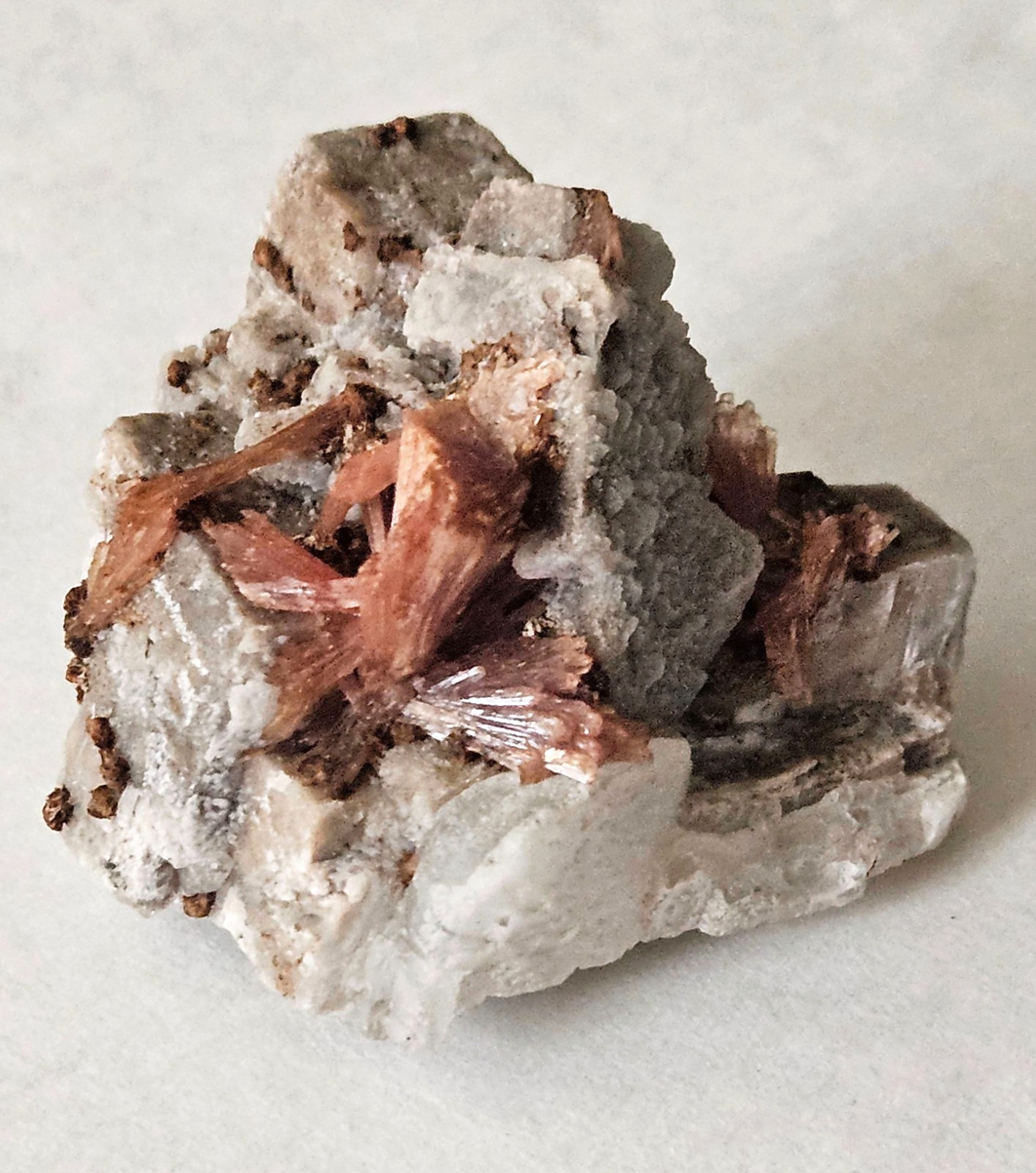 Inesite on Calcite – Fengjiashan Min,e Daye, Huangshi, Hubei Prov CHINA