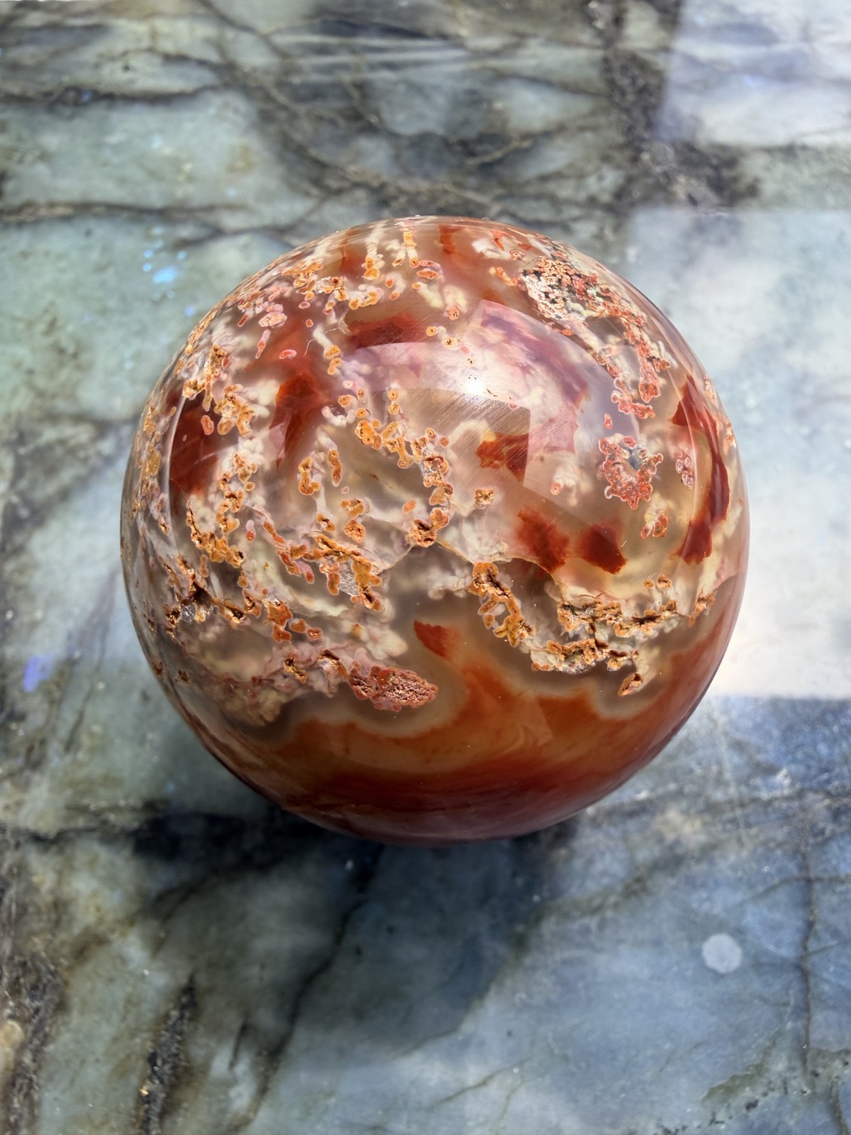 Beautiful Carnelian Moss Agate Sphere | Collector’s Piece | 2.68″