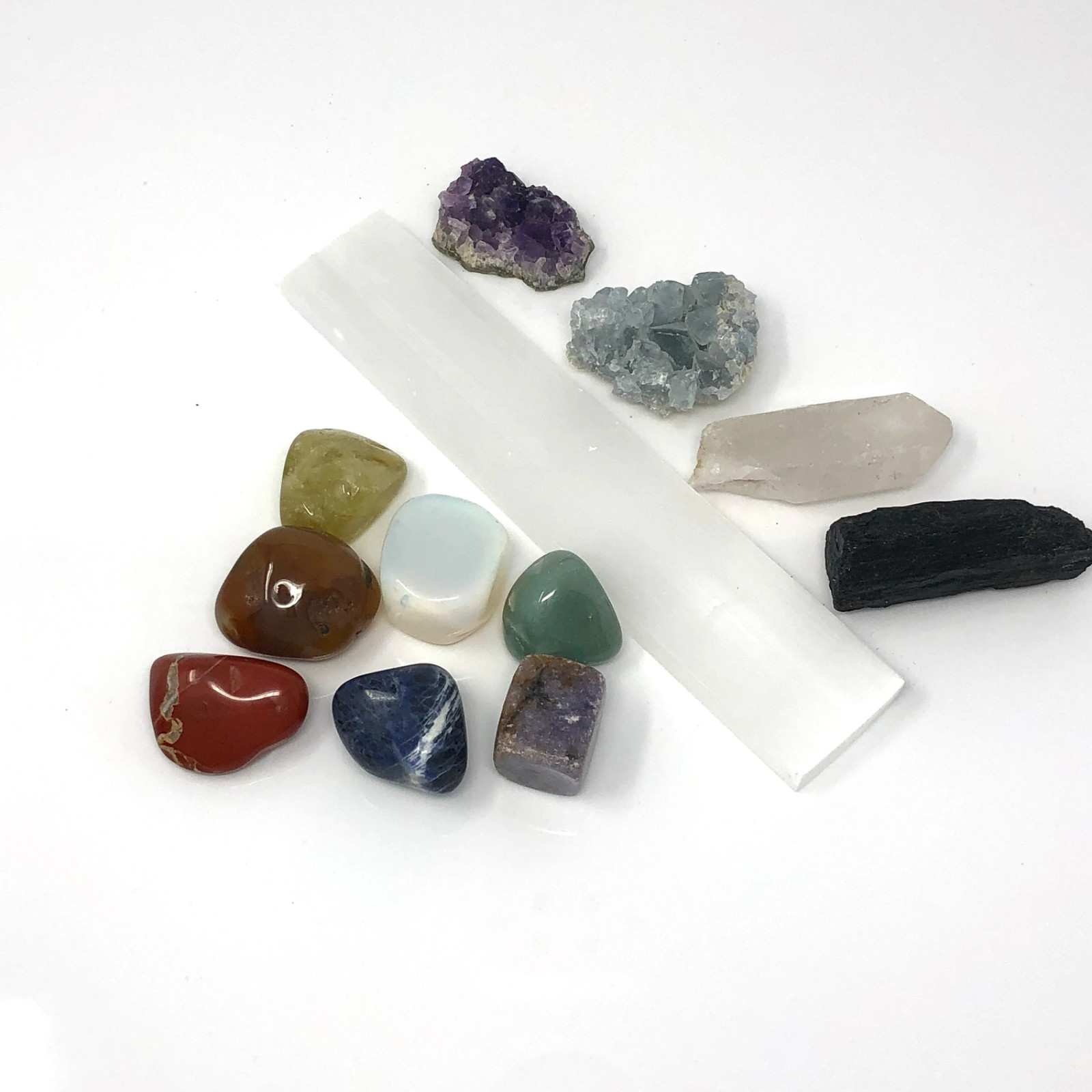 7-Chakra Crystal Set, Raw and Polished Stones, Selenite Satinspar Plate