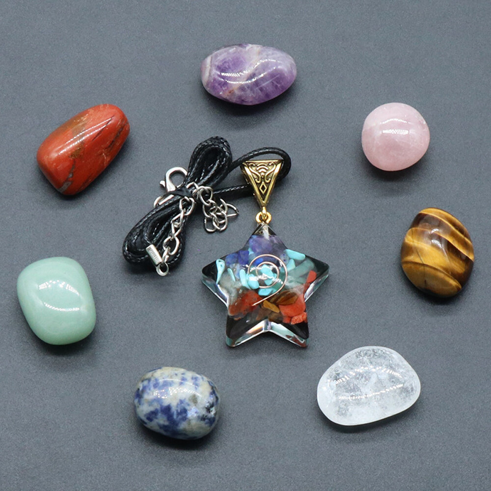 Natural 7 Chakra Healing Crystal Tumbled Stone Set Moon Star Pendant W/ Gift Box