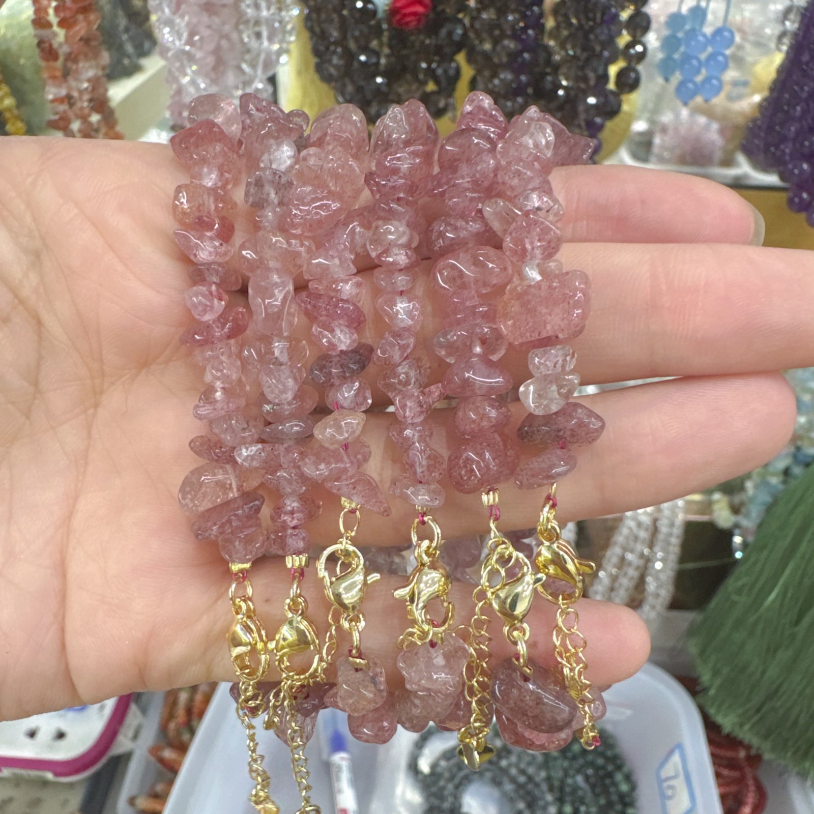 6 Pcs Natural strawberry quartz Crystal Chip Bead Bracelet Chain Adjustable