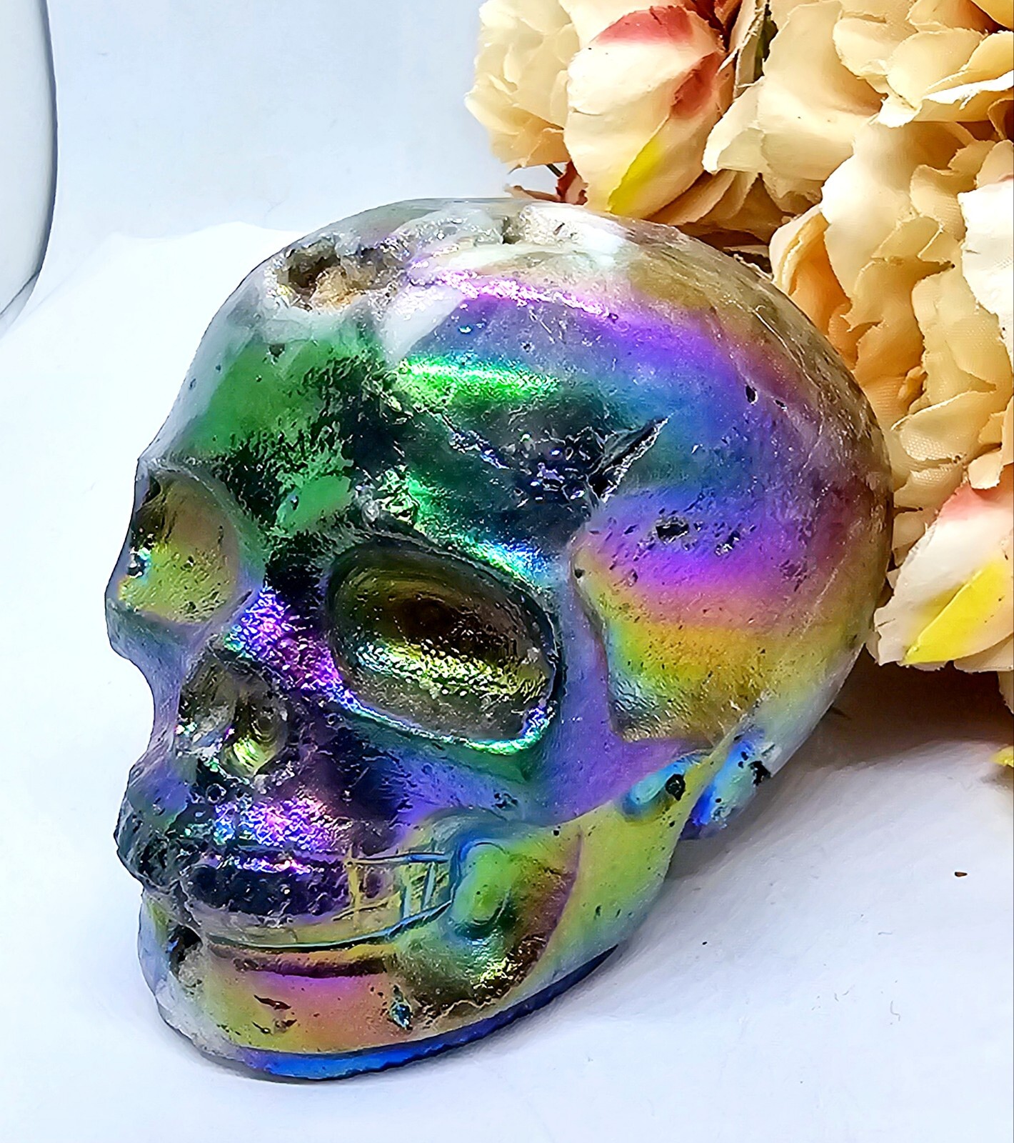 *SALE* Druzy Titanium Rainbow Aura sphalerite crystal Skull Angel Aura 480g 7cm