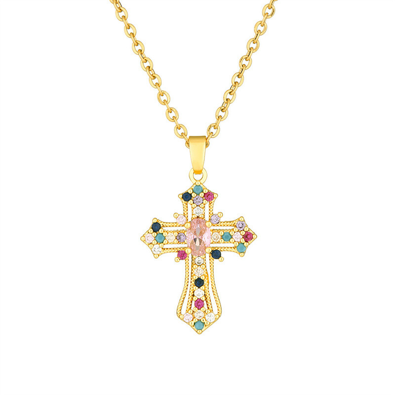 Women’s Fashion Jewelry Cubic Zircon Gold Cross Pendant Personality Necklace
