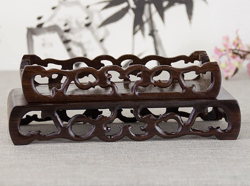 Chinese Black Catalpa Wood Scroll Rectangular Small Base Carved Wooden Vase F…