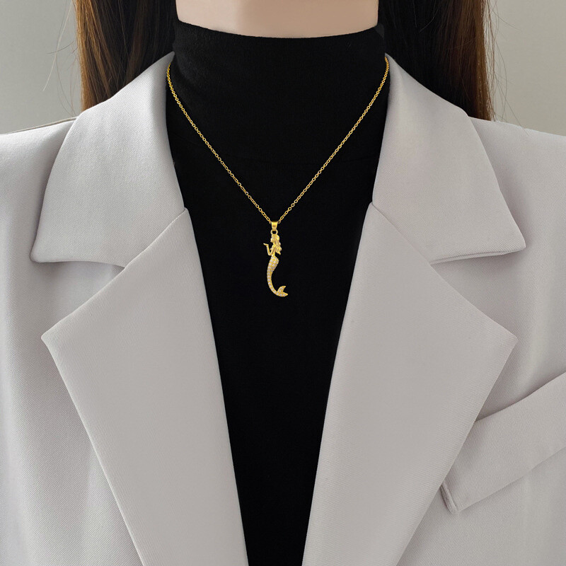 Women’s Fashion Jewelry Zircon Gold Mermaid Pendant Temperament Necklace 1PC