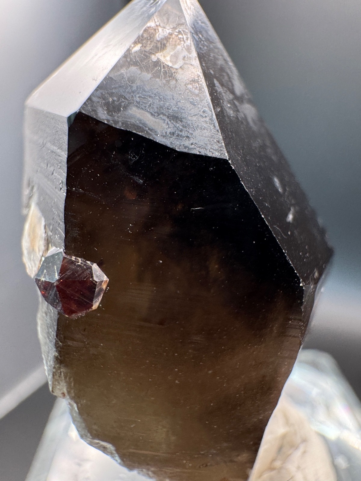6178 Smoky Quartz Point with Red Garnets and Garnet Inclusions 34g Fu Jian