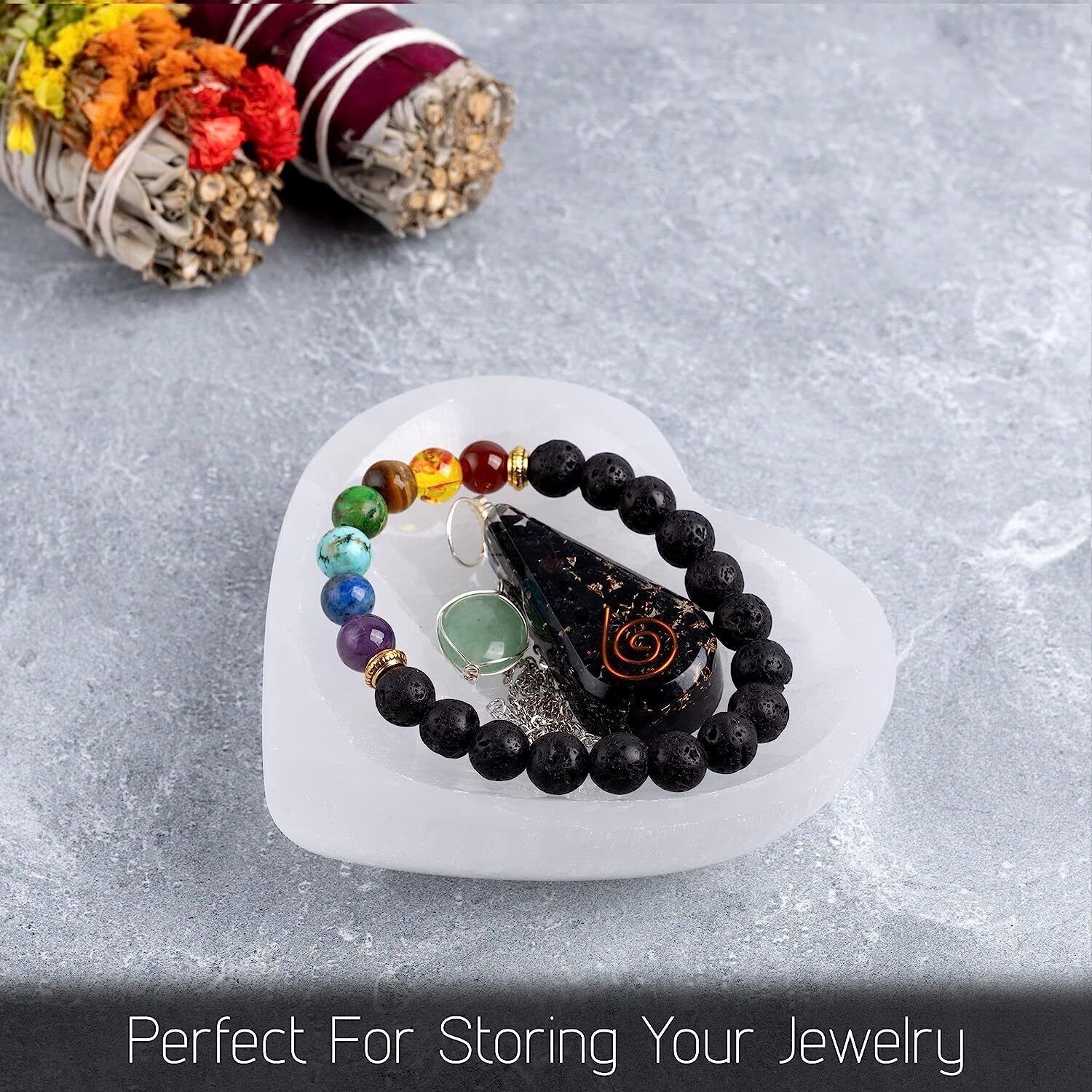 4″ Heart Selenite Bowl with Amethyst Necklace – Crystal Bowl to Cleanse & Charge