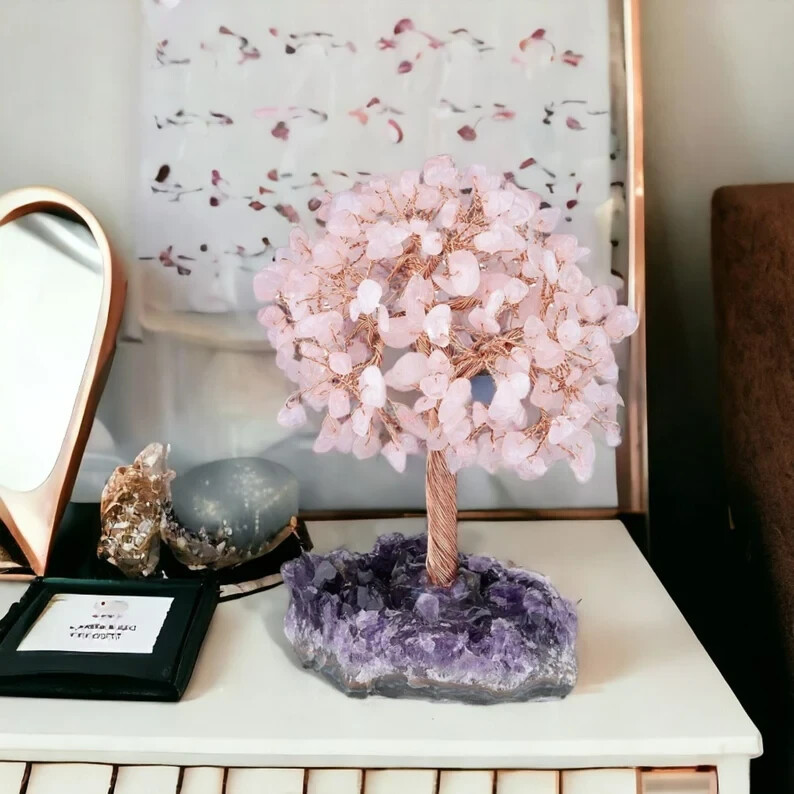 Handmade Rose Quartz Tree of Life on Amethyst Geode Base Fortune Tree Home Decor