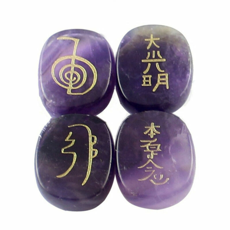 4pcs/Set 7 Chakra Palm Stone Set Engraved Usui Symbols Reiki Crystal Stones