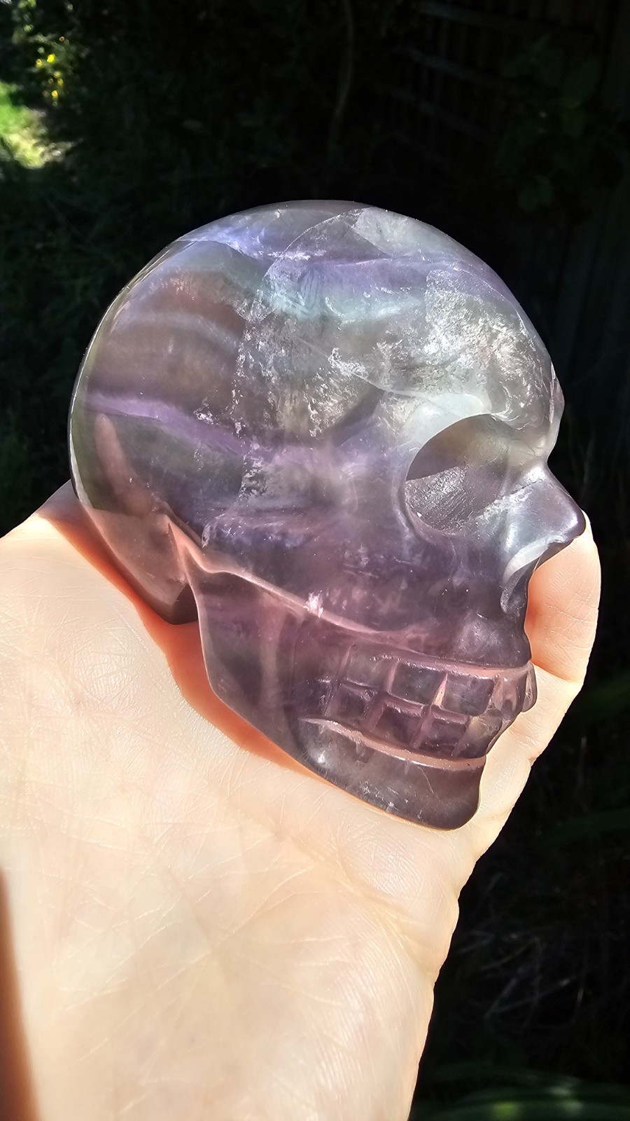Rainbow Fluorite Skull Crystal Carving 386g Purple 7.6 x6x 5cm