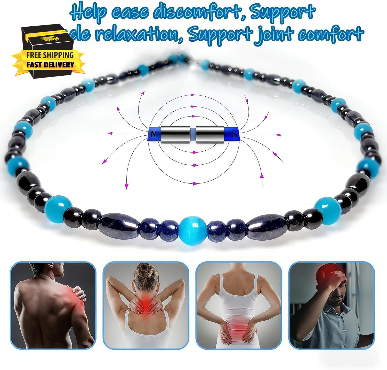 Magnetic Black Obsidian & Purple Amethyst Necklace for Women Men, Natural Wellne
