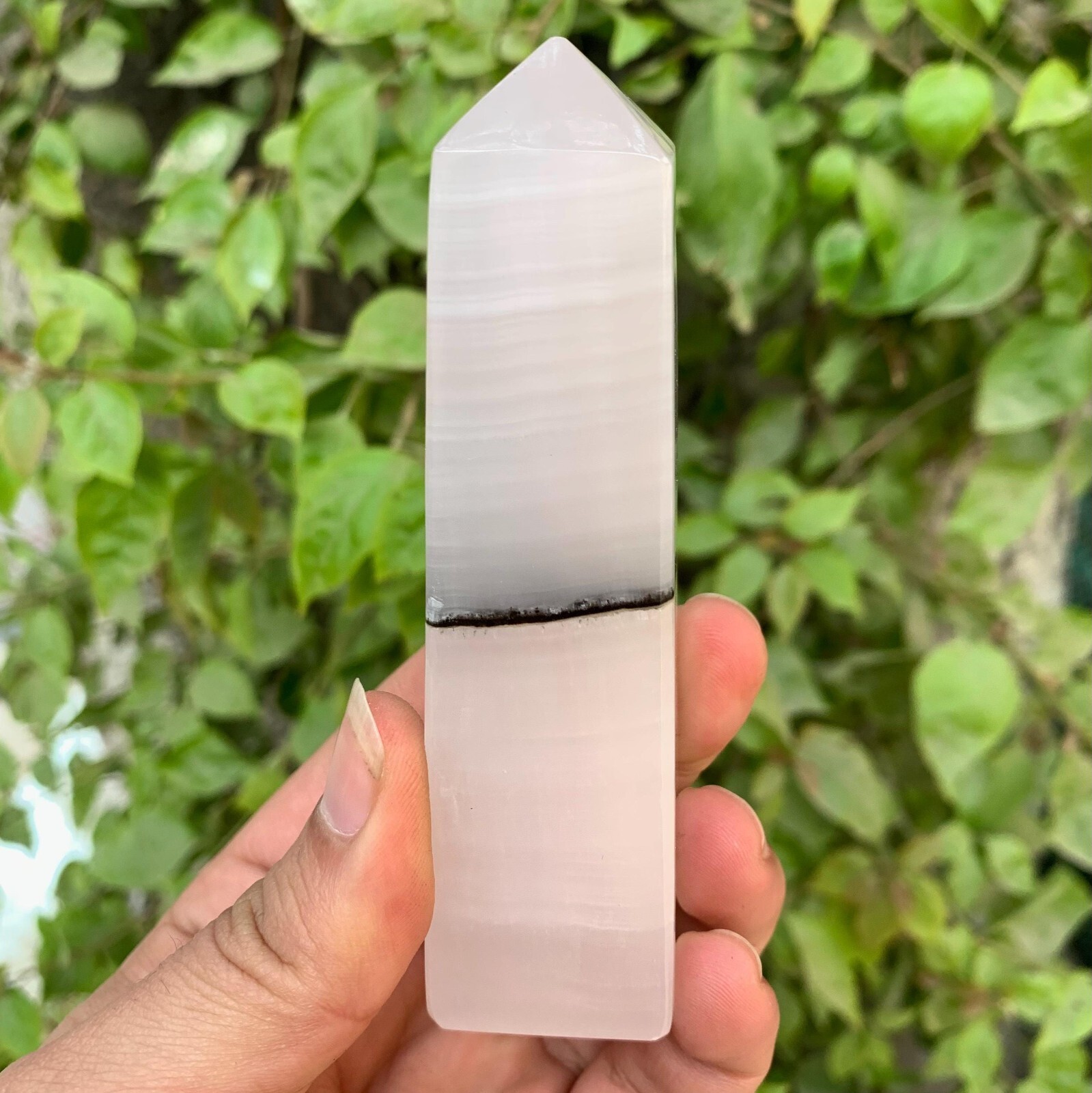 205g Beautiful UV-Reactive Pink Mangano Calcite Tower, Pink Calcite Obelisk