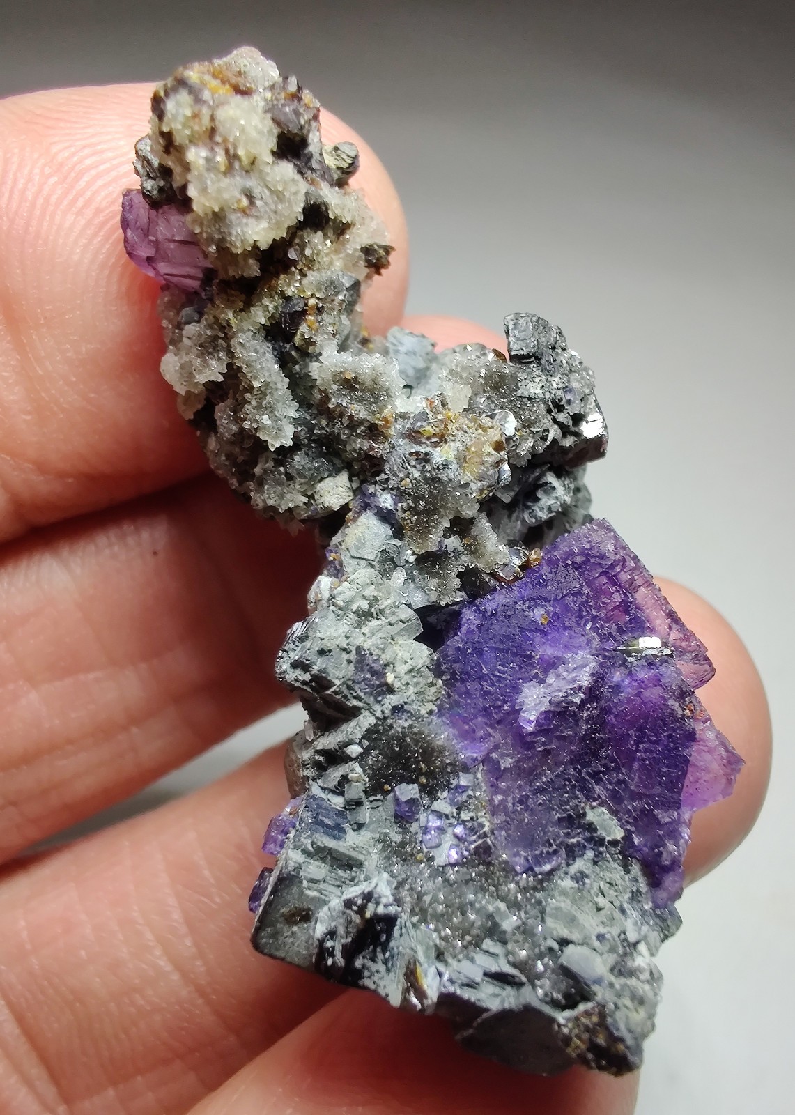 Fluorite on Galena, Sphalerite, Quartz crystals. Illinois. 25 grams.