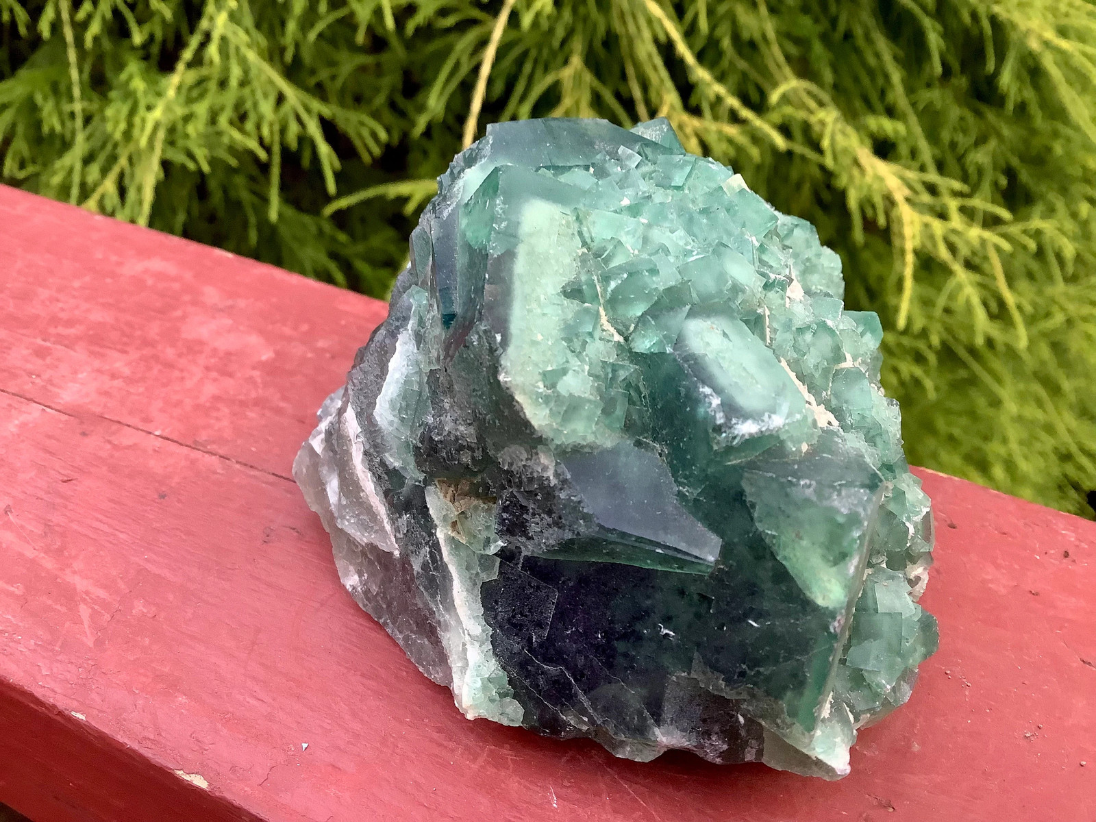 Green Fluorite Crystal Cluster ~ Large 14.9 oz. ~ 3″ Long ~ White Feldspar incl