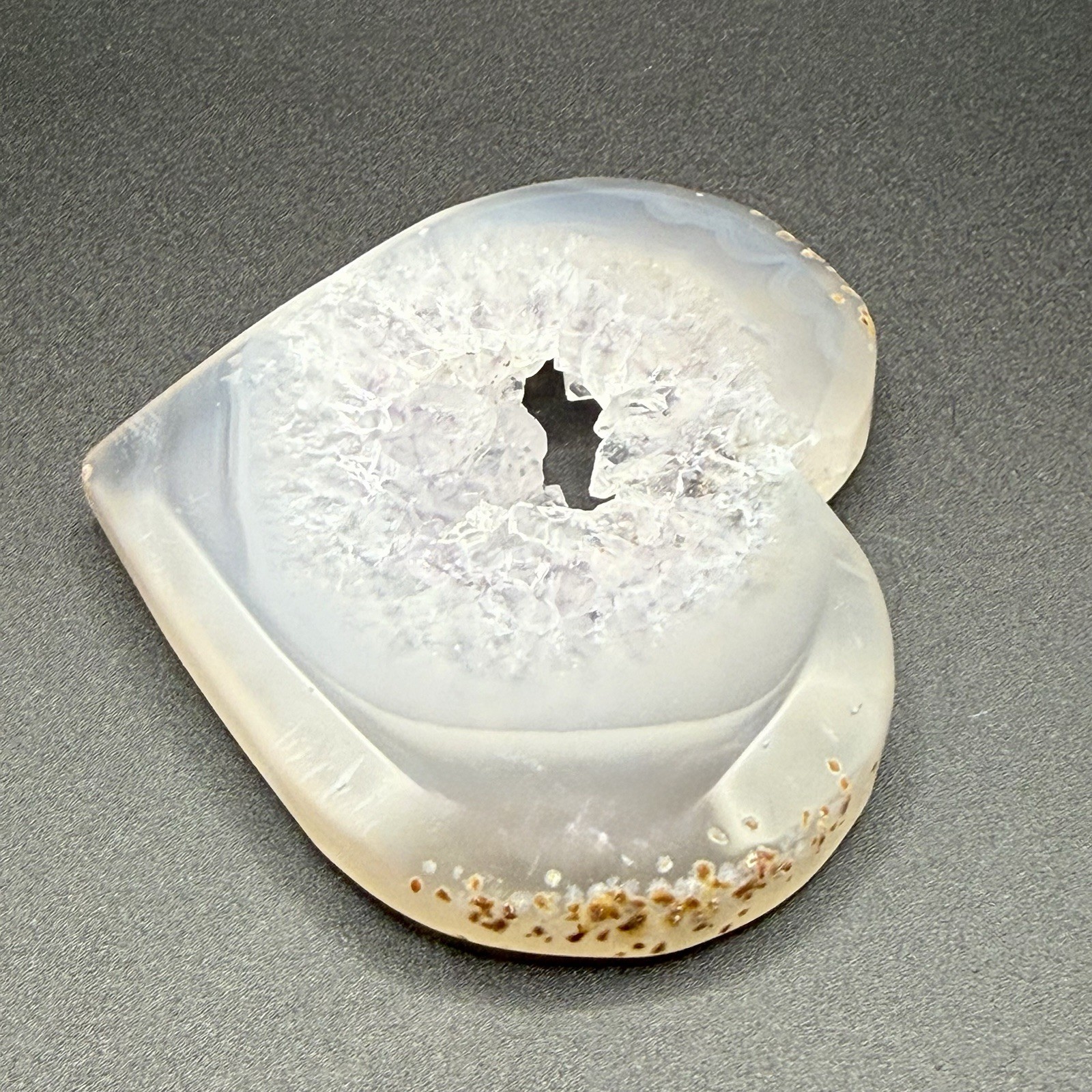 Polished Heart-Shaped Botswana Agate Slice with Druzy Crystal Center, White/Gray
