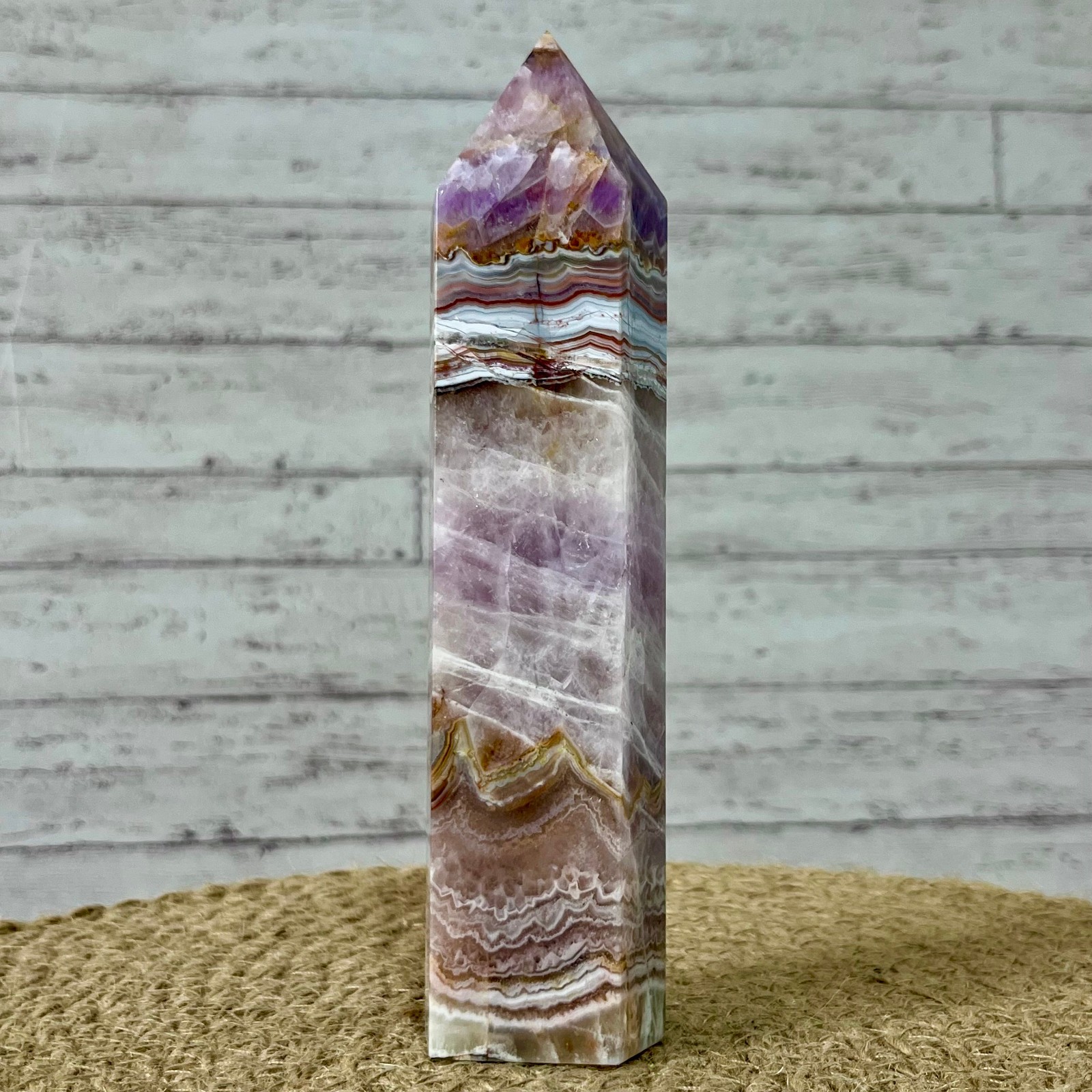 381 g Natural Amethyst Agate Tower Striped Pattern Crystal Obelisk