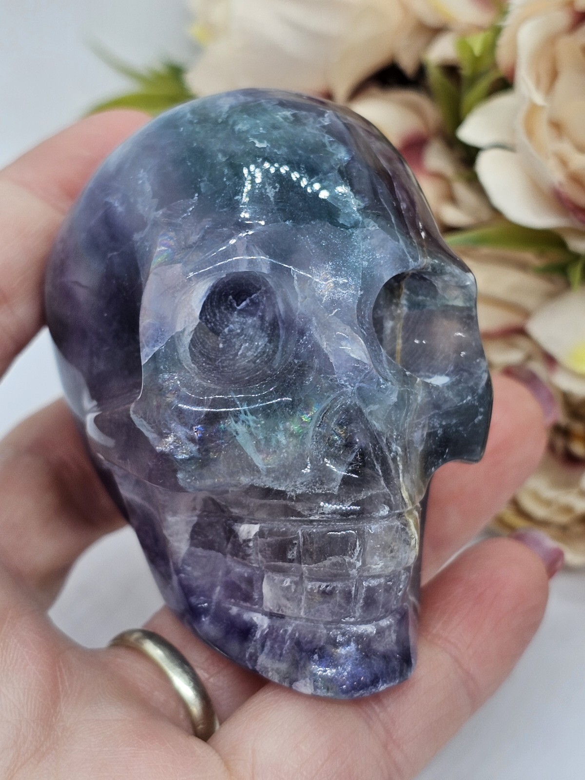 Rainbow Fluorite Skull Crystal Carving 248g Purple Green Blue 5x 6 x 4cm