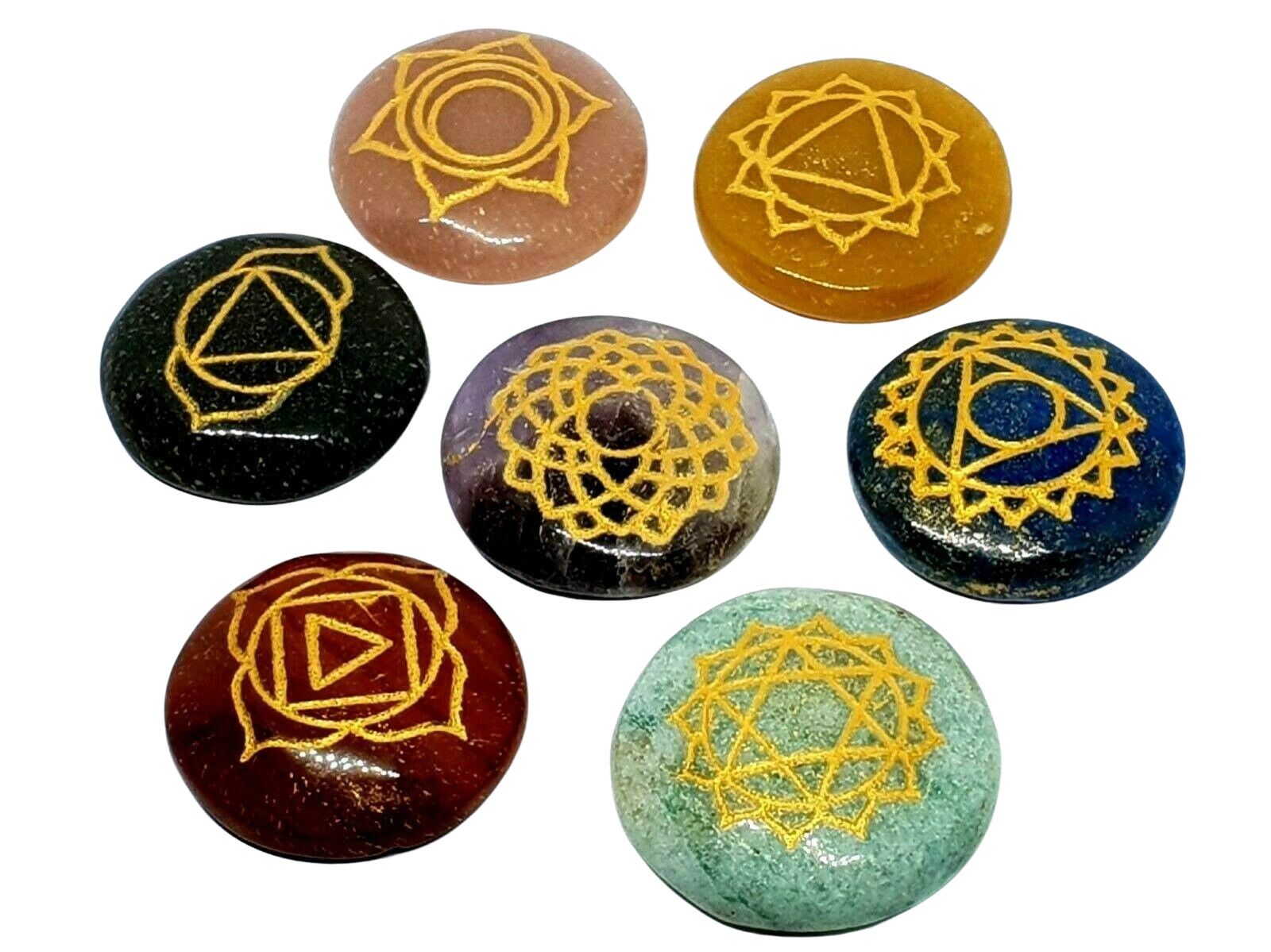 7 Chakra Gemstone Set Genuine Crystal Healing Reiki Round Set Carved Stone & Bag